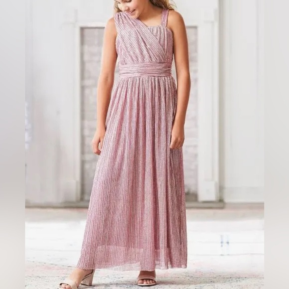 Nickie Lew Big Girls One Shoulder Sequin Long Dress in Blush Silvet - Picture 3 of 4